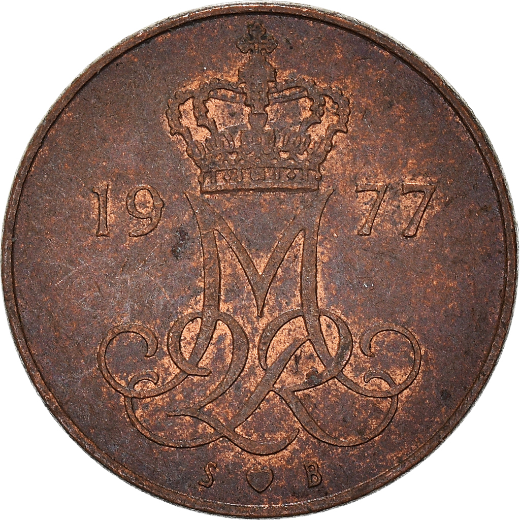 Moneda, Dinamarca, Margrethe II, 5 Öre, 1977, Copenhagen, MBC+, Cobre