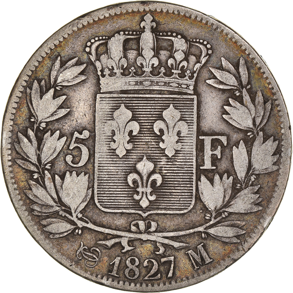 Coin, France, Charles X, 5 Francs, 1827, Toulouse, VF(30-35), Silver, KM:728.9
