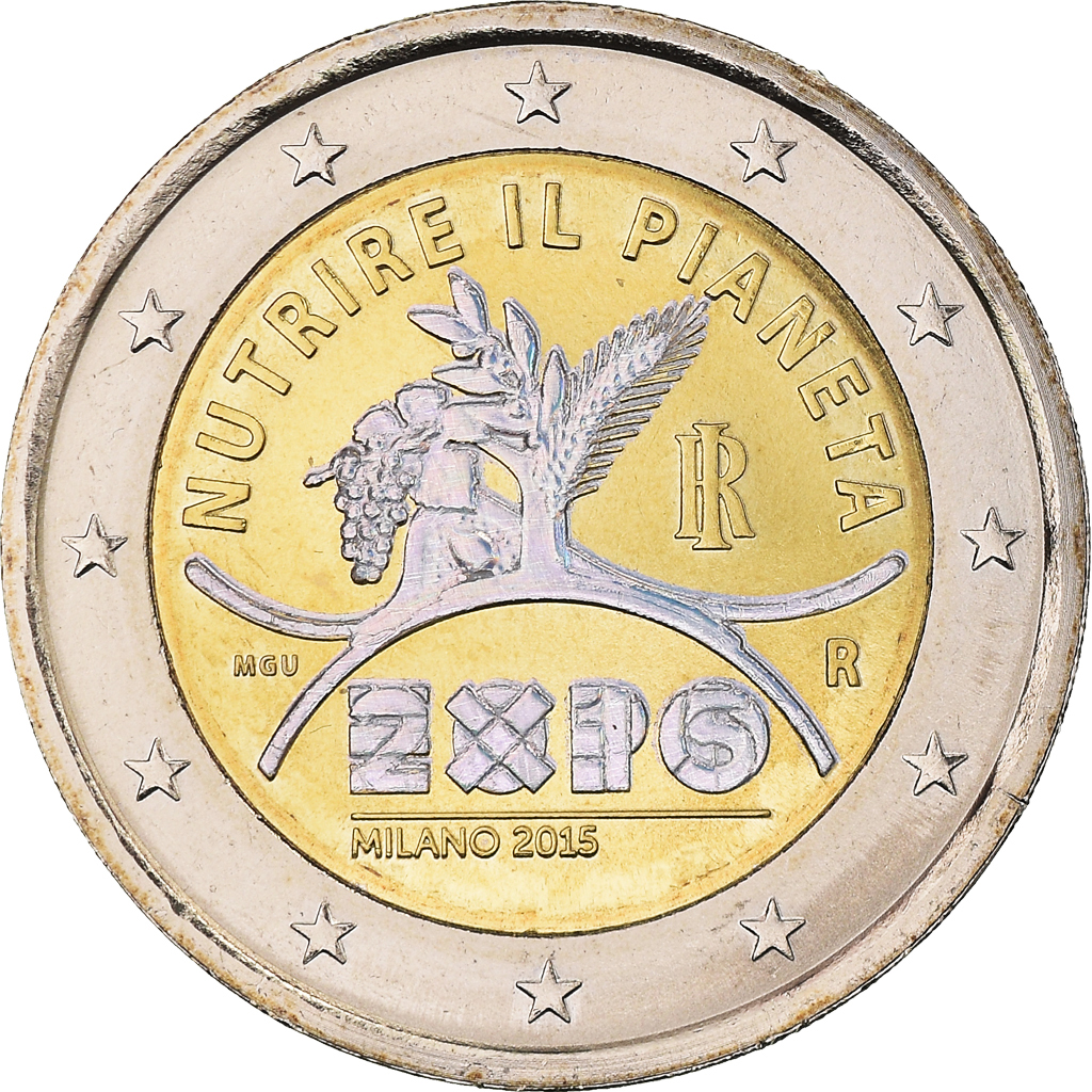 Włochy, 2 Euro, Nutrire il pianeta, 2015, Iridescent, MS(64), Bimetaliczny