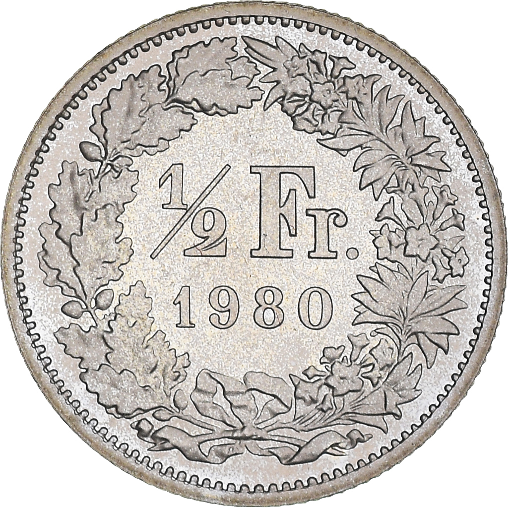 Moneda, Suiza, 1/2 Franc, 1980, Bern, Proof, FDC, Cobre - níquel, KM:23a.1