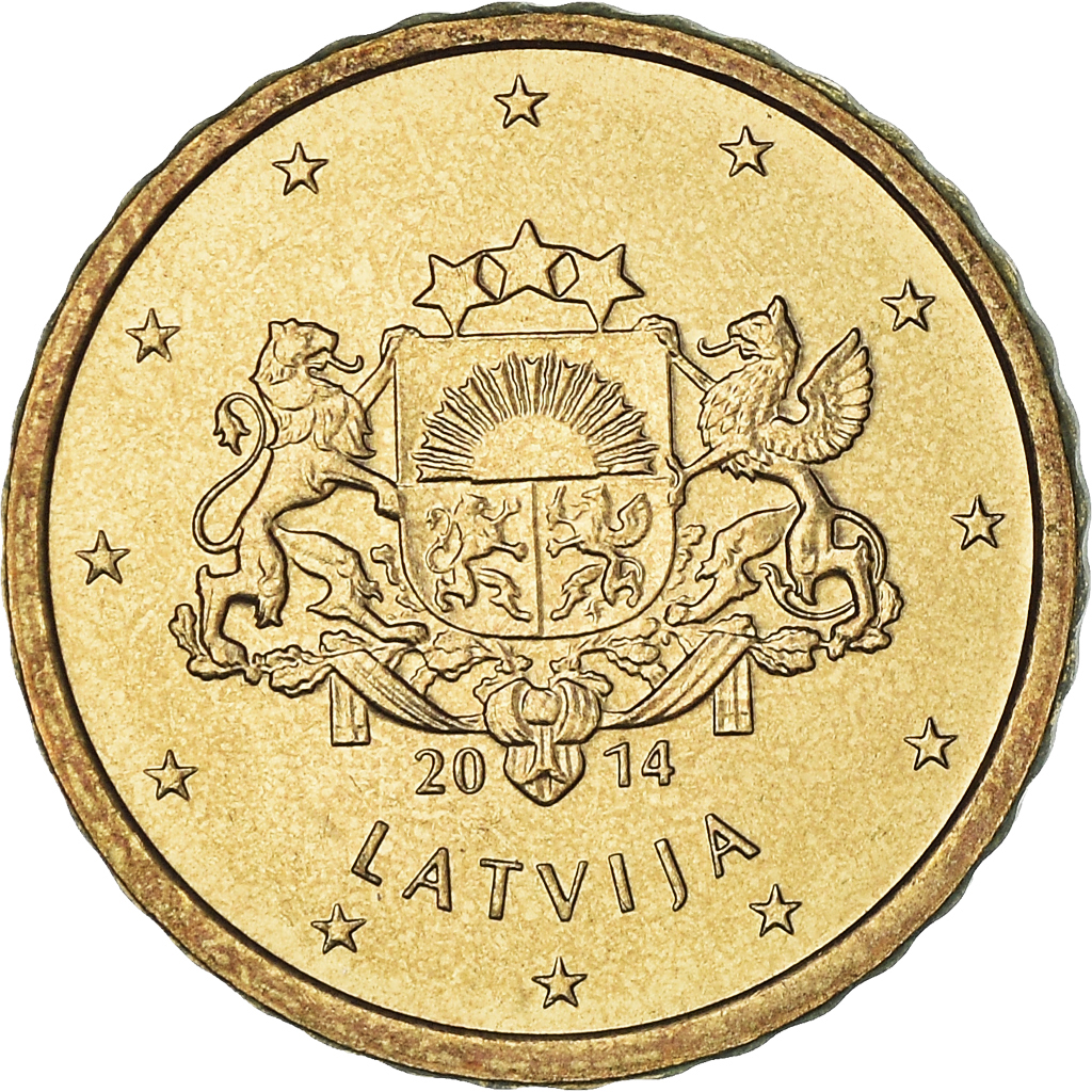 Letonia, 10 Euro Cent, large coat of arms of the Republic, 2014, SC, Nordic gold