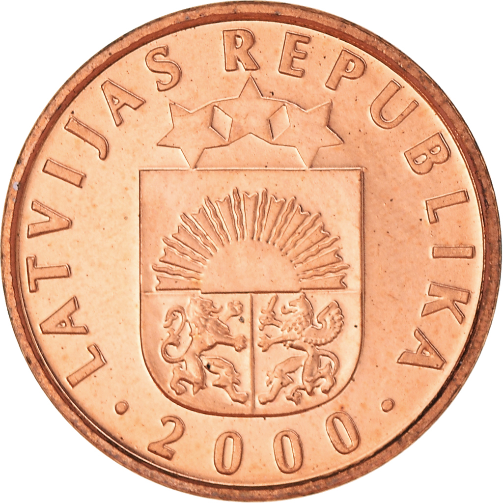 Moneda, Letonia, 2 Santimi, 2000, SC+, Cobre recubierto de acero, KM:21