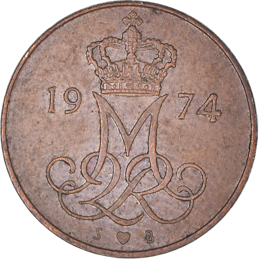 Moneda, Dinamarca, Margrethe II, 5 Öre, 1974, Copenhagen, BC+, Cobre recubierto