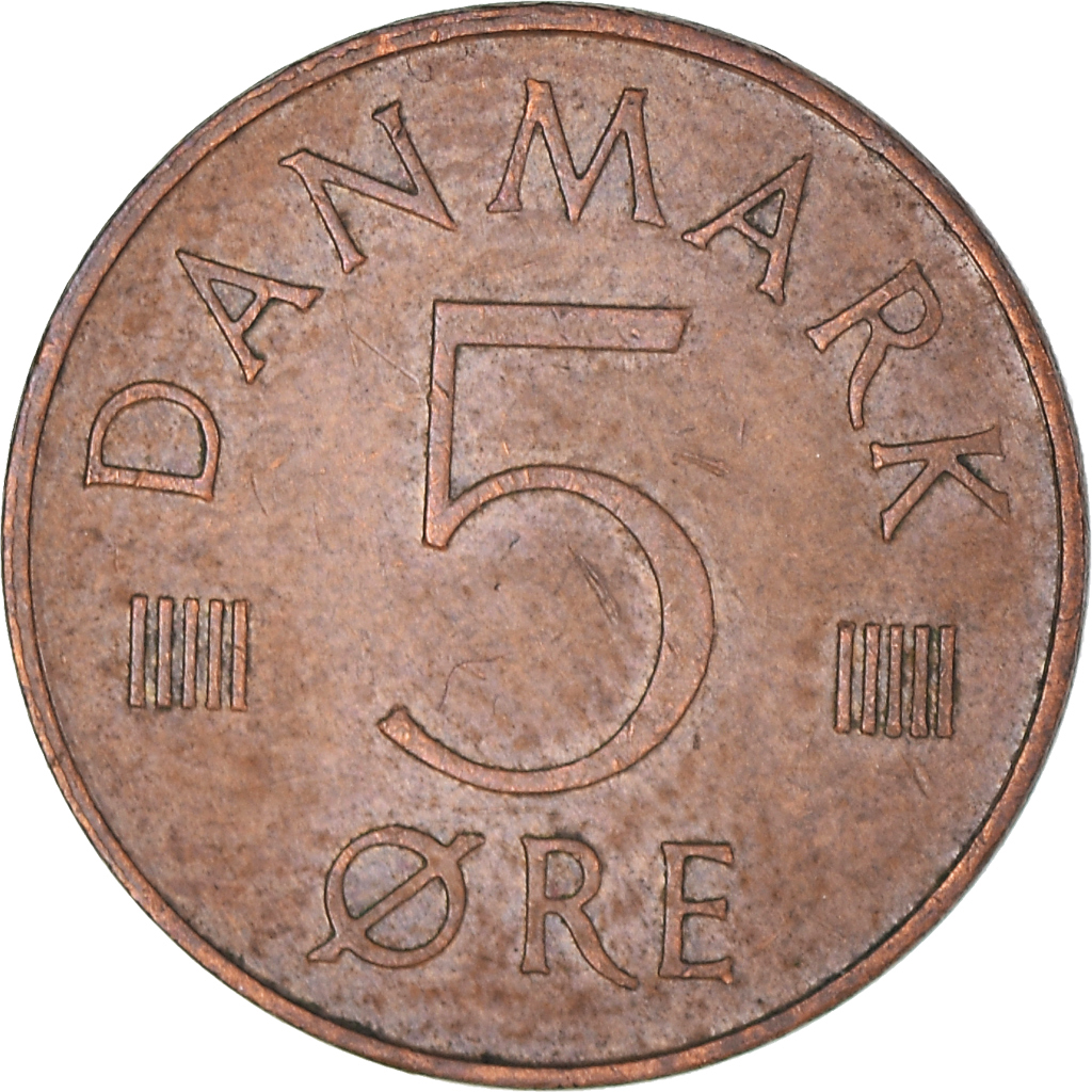 Moneda, Dinamarca, Margrethe II, 5 Öre, 1974, Copenhagen, BC+, Cobre recubierto