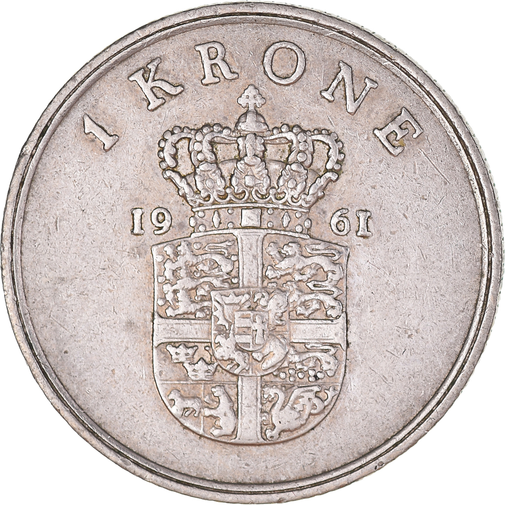 Moneda, Dinamarca, Frederik IX, Krone, 1961, Copenhagen, MBC+, Cobre - níquel