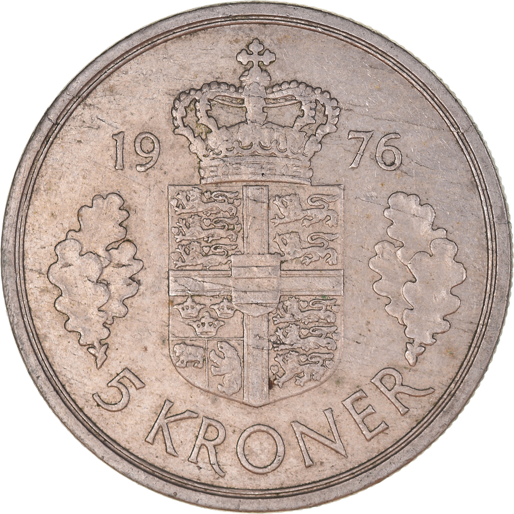 Moneda, Dinamarca, Margrethe II, 5 Kroner, 1976, Copenhagen, BC+, Cobre -
