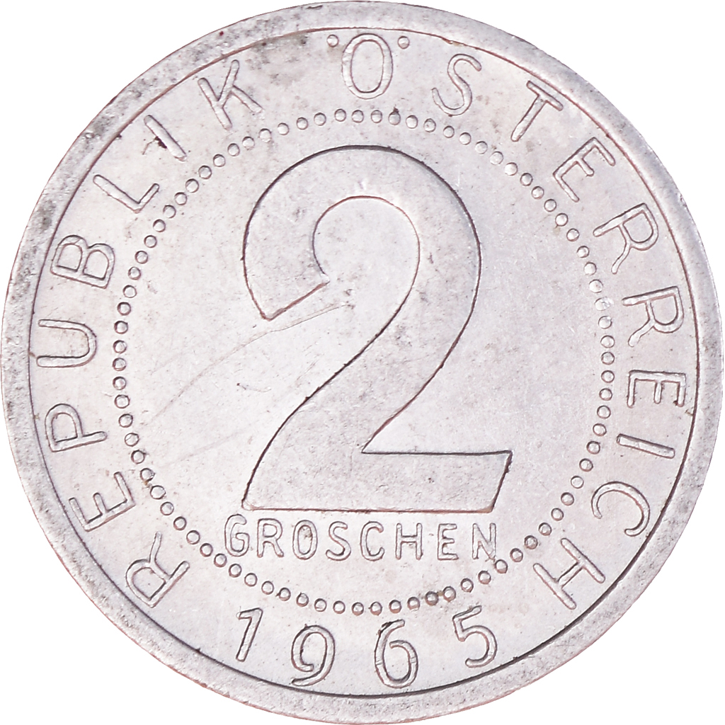 Moneda, Austria, 2 Groschen, 1965, MBC+, Aluminio, KM:2876