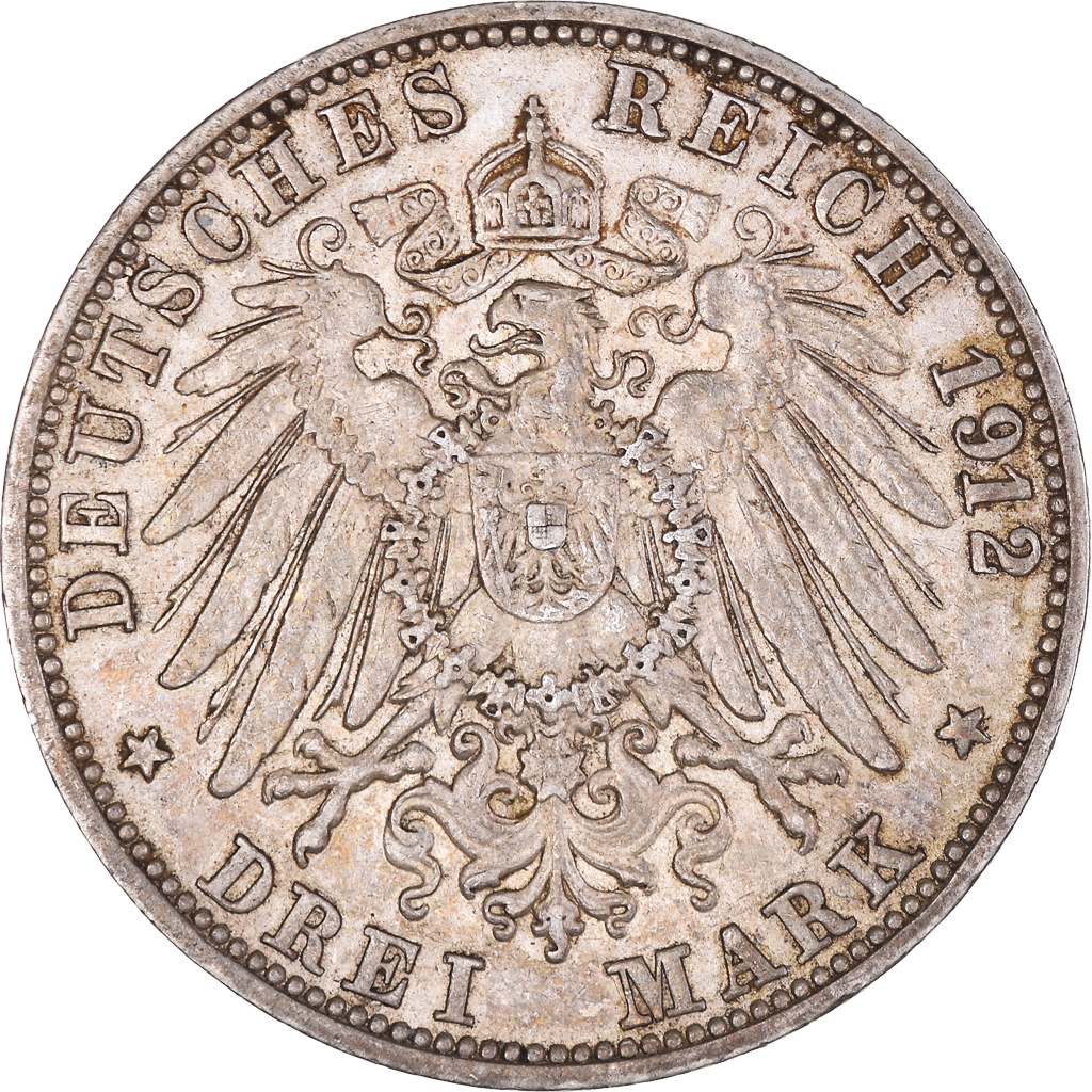 Coin, German States, BADEN, Friedrich II, 3 Mark, 1912, Stuttgart, 