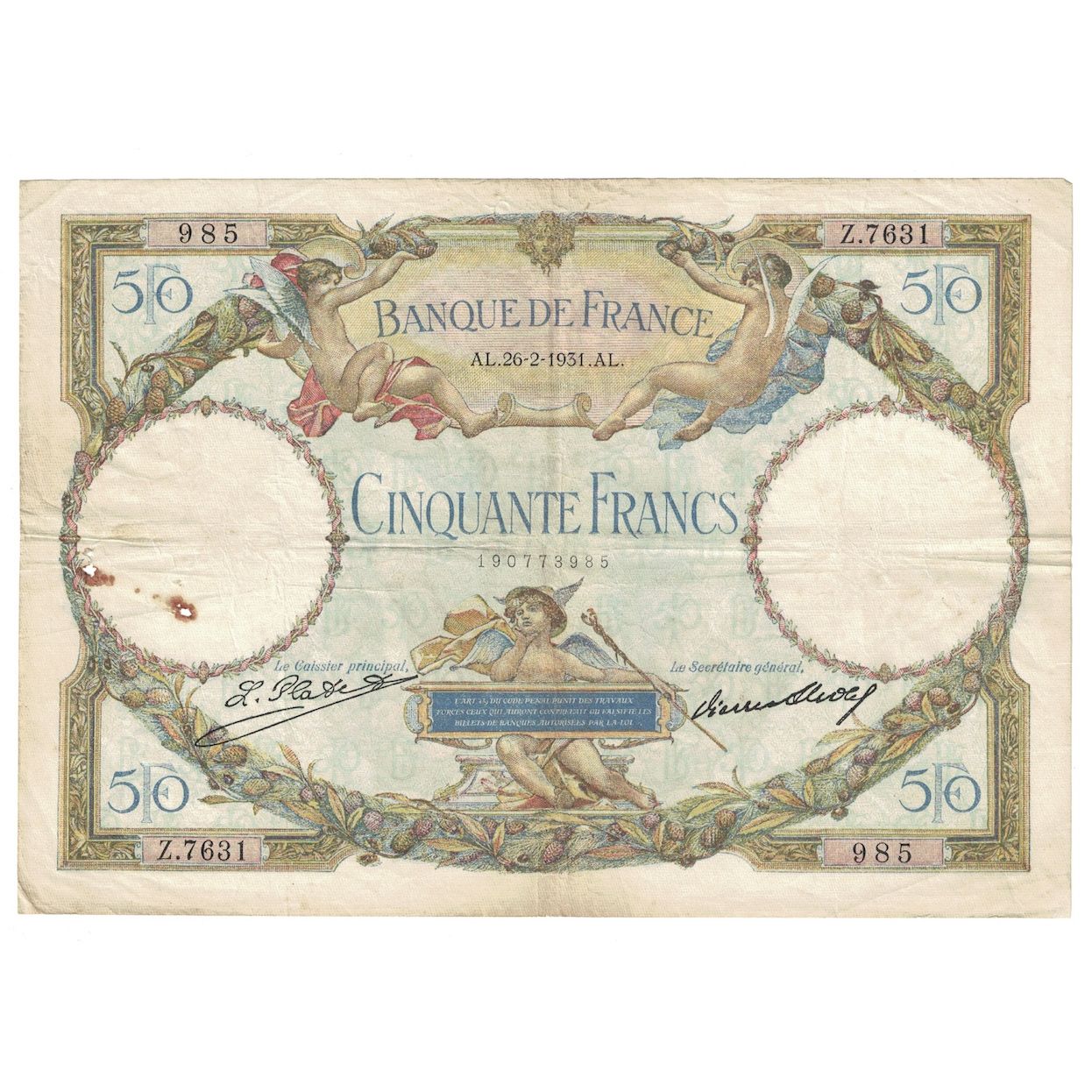France, 50 Francs, Luc Olivier Merson, 1931, 1931-02-26, VF(30-35)