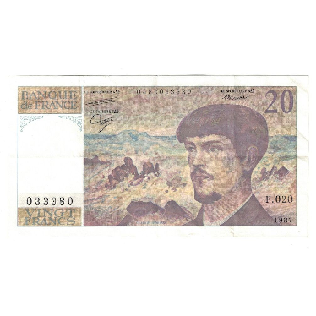 France, 20 Francs, Debussy, 1987, F.020, AU(55-58), Fayette:F66.08A20, KM:151b