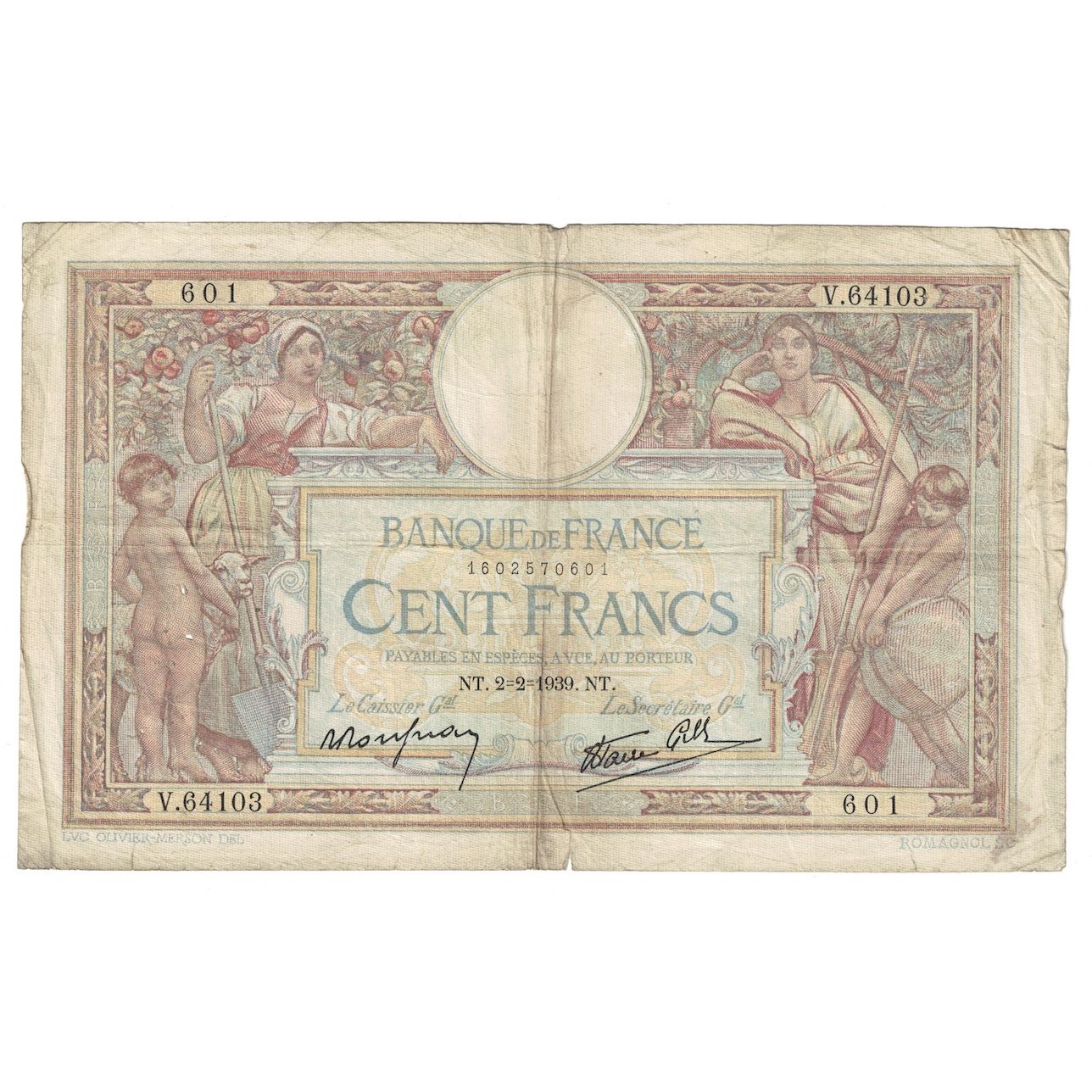 France, 100 Francs, Luc Olivier Merson, 1939, V.641, VF(20-25), Fayette:25.41