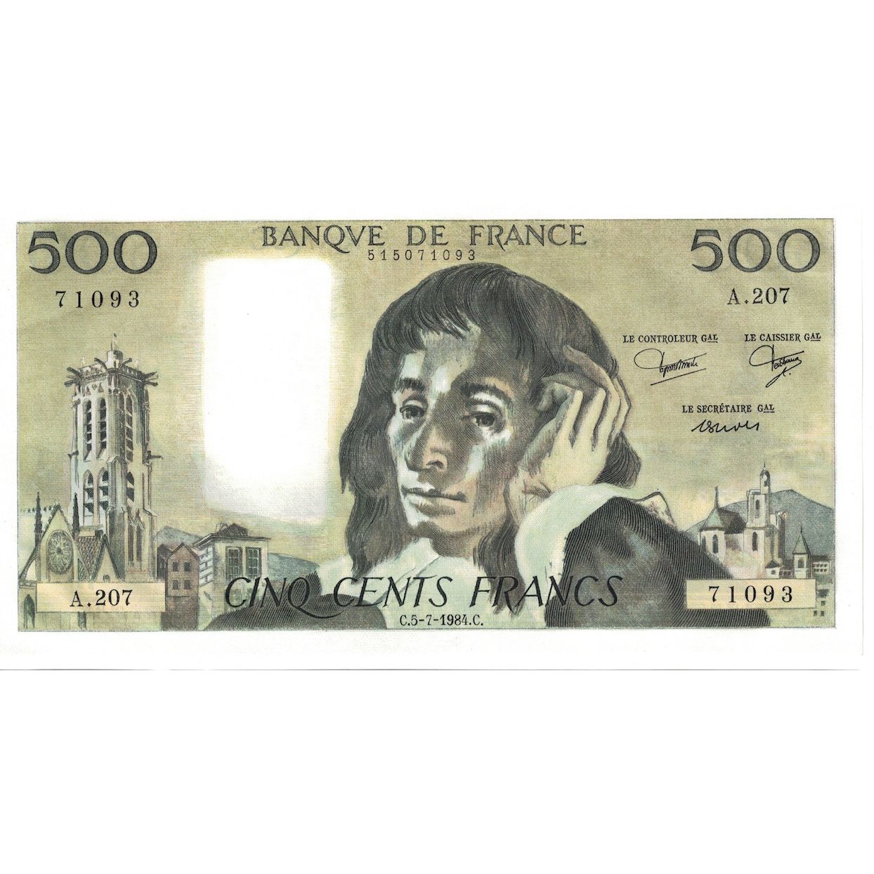 France, 500 Francs, Pascal, 1984, A.207, UNC(63), Fayette:71.30, KM:156e