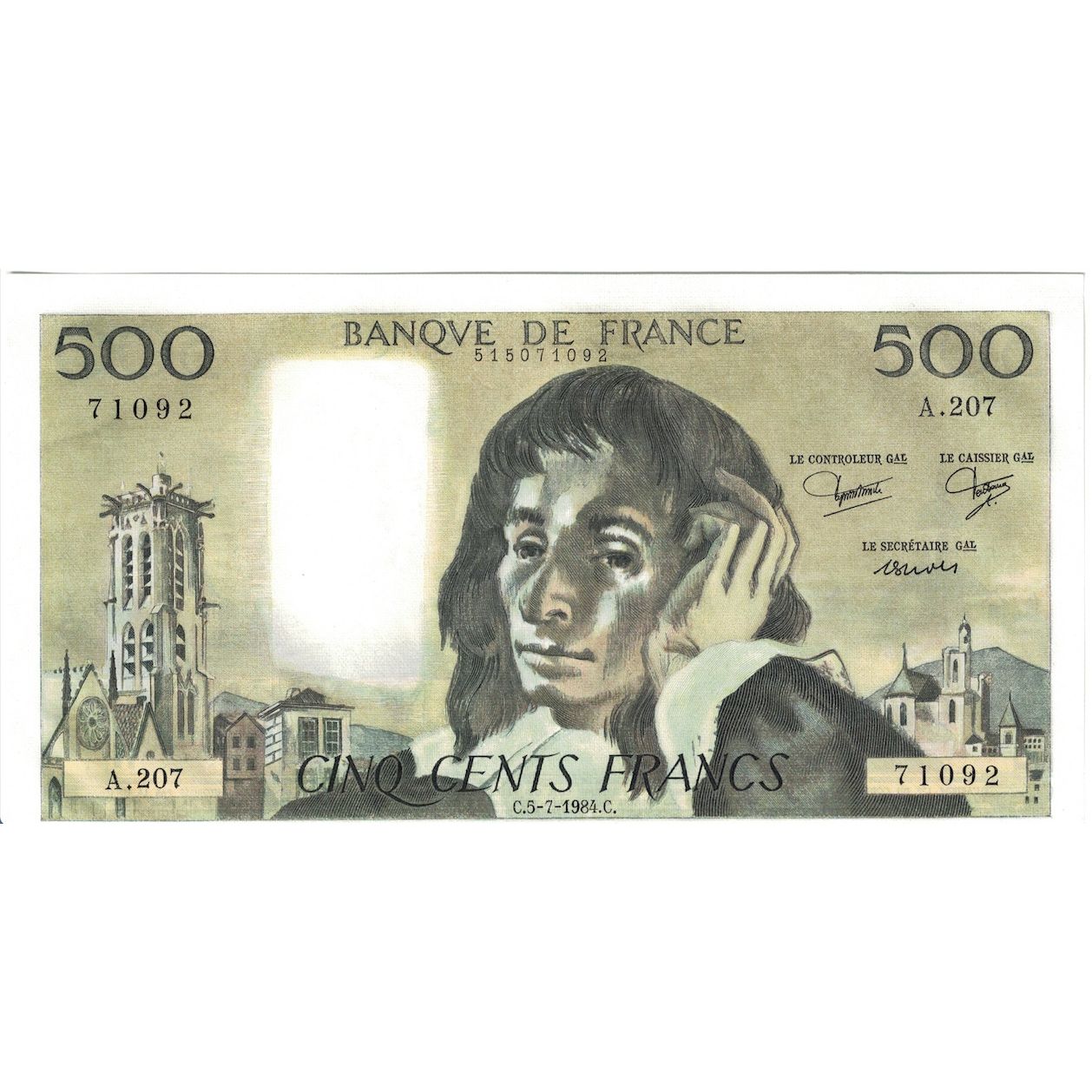 France, 500 Francs, Pascal, 1984, A.207, UNC(64), Fayette:71.31, KM:156e