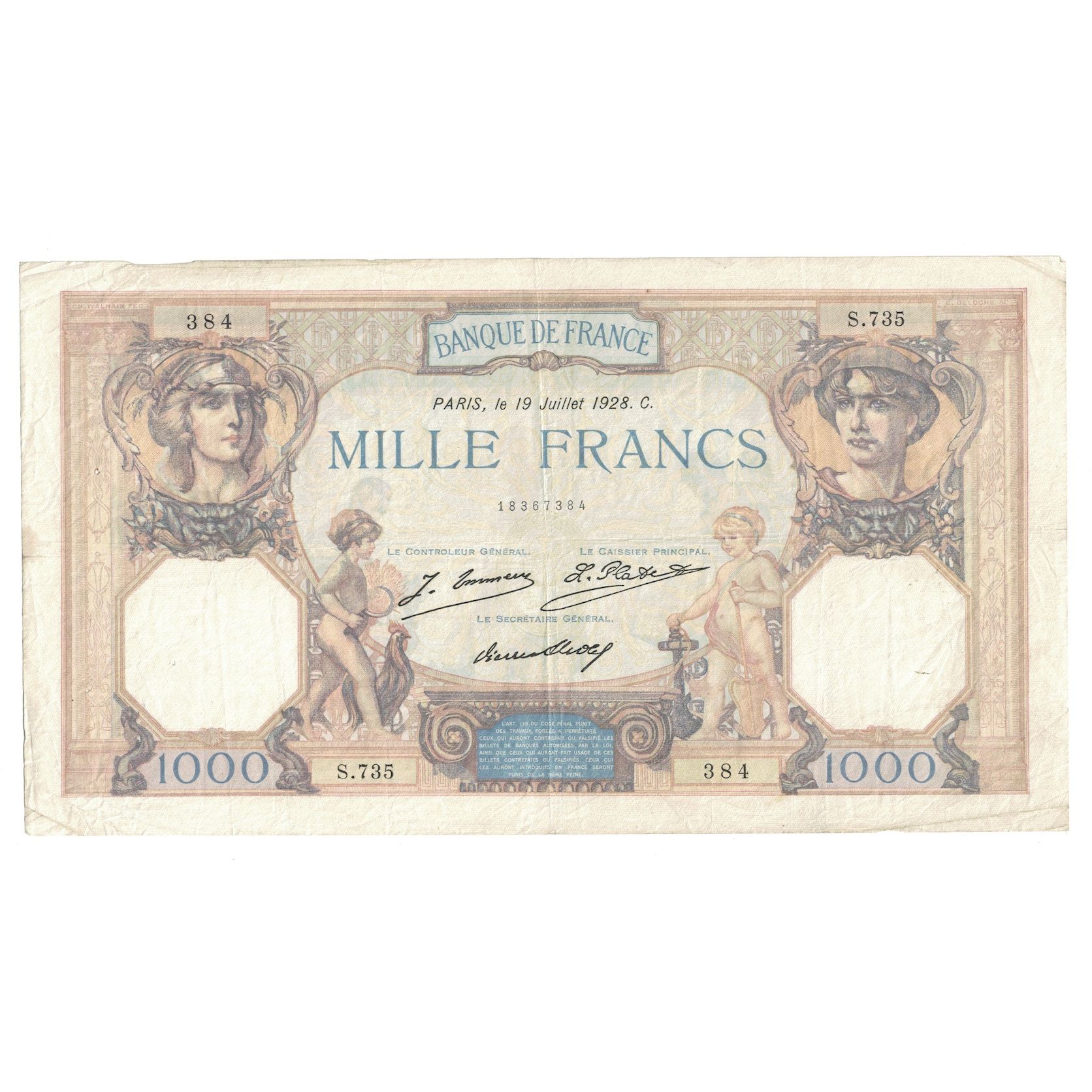 Frankrijk, 1000 Francs, Cérès et Mercure, 1928, S.735, TB+, Fayette:37.2