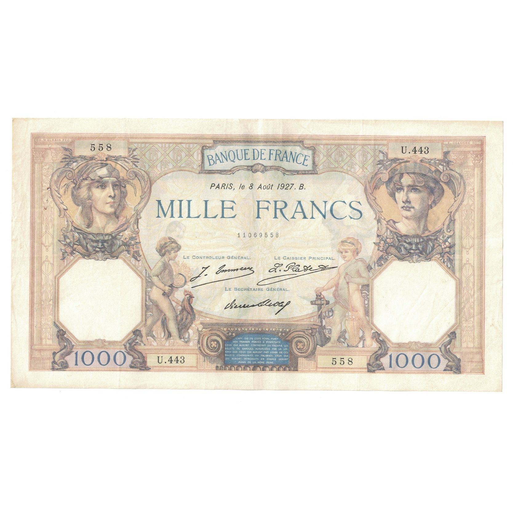France, 1000 Francs, Cérès et Mercure, 1927, U.443, EF(40-45), Fayette:37.1