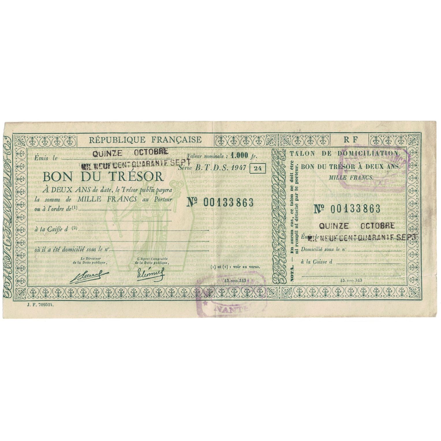 France, 1000 Francs, Nantes, 1947, Bon du Trésor, AU(55-58)