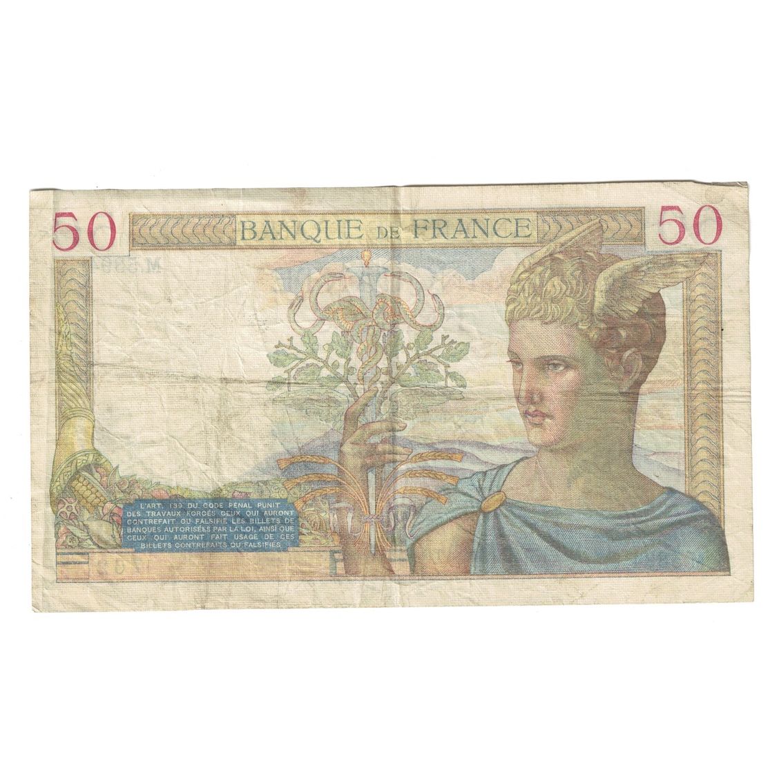 France, 50 Francs, Cérès, 1936, M.5394, VF(30-35), Fayette:17.32, KM:81