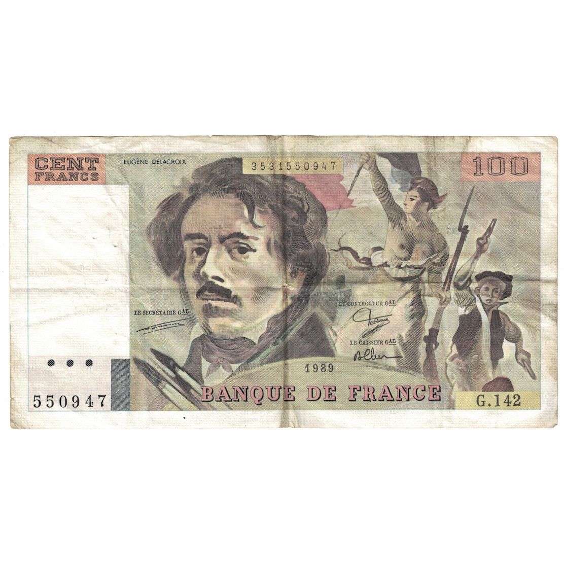 Francia, 100 Francs, Delacroix, 1989, G.142, BC, Fayette:69.13b, KM:154d