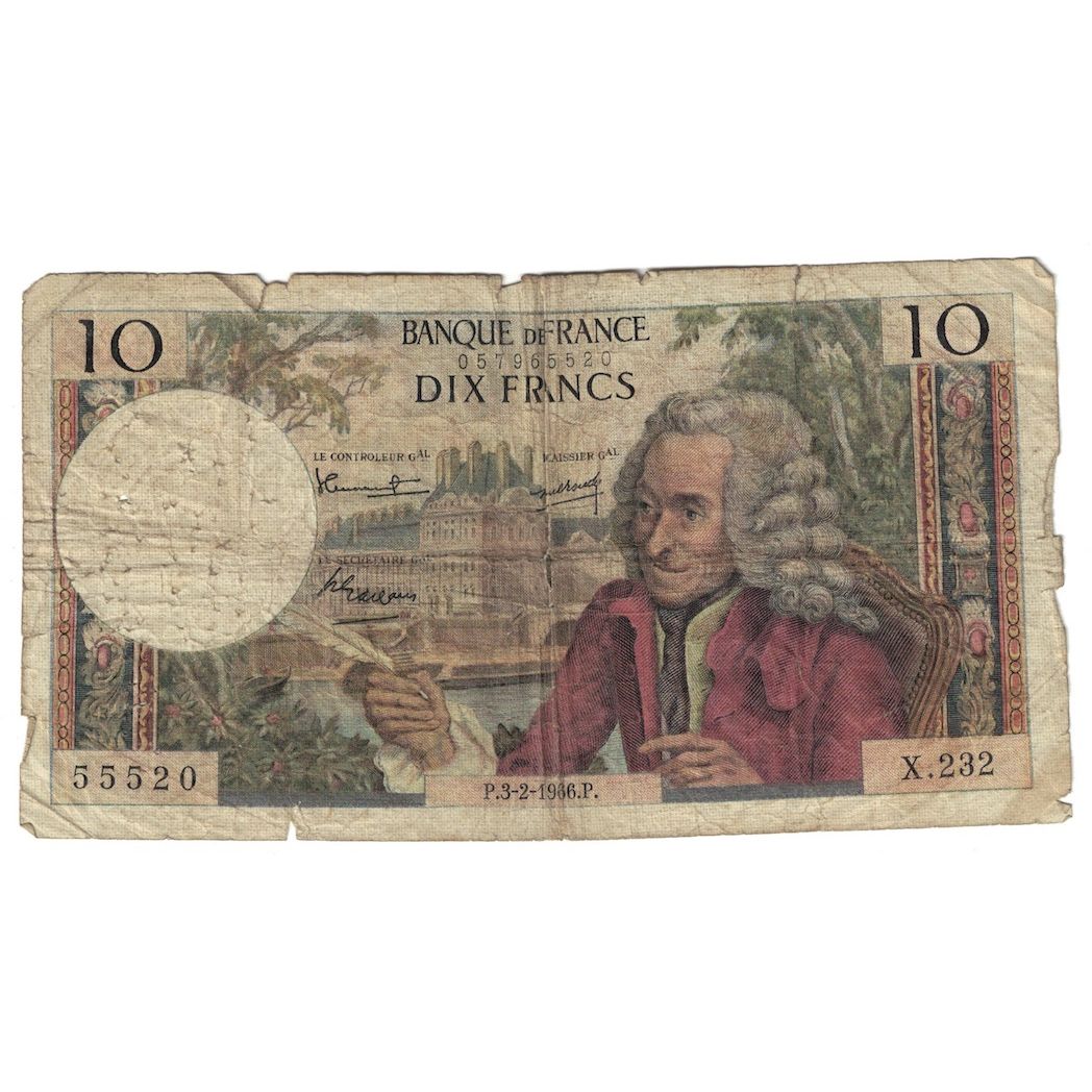 France, 10 Francs, Voltaire, 1966, X.232, VG(8-10), Fayette:62.21, KM:147b