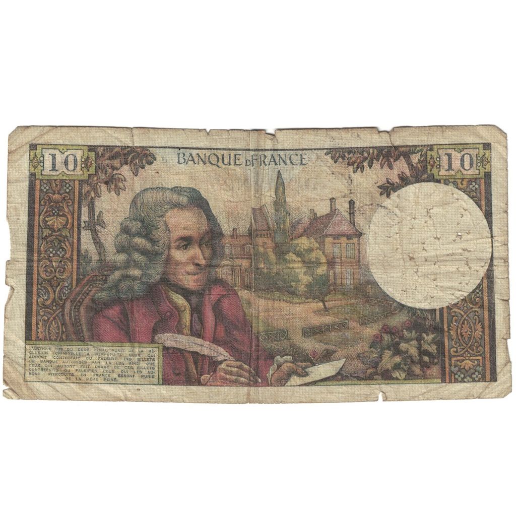 France, 10 Francs, Voltaire, 1966, X.232, VG(8-10), Fayette:62.21, KM:147b