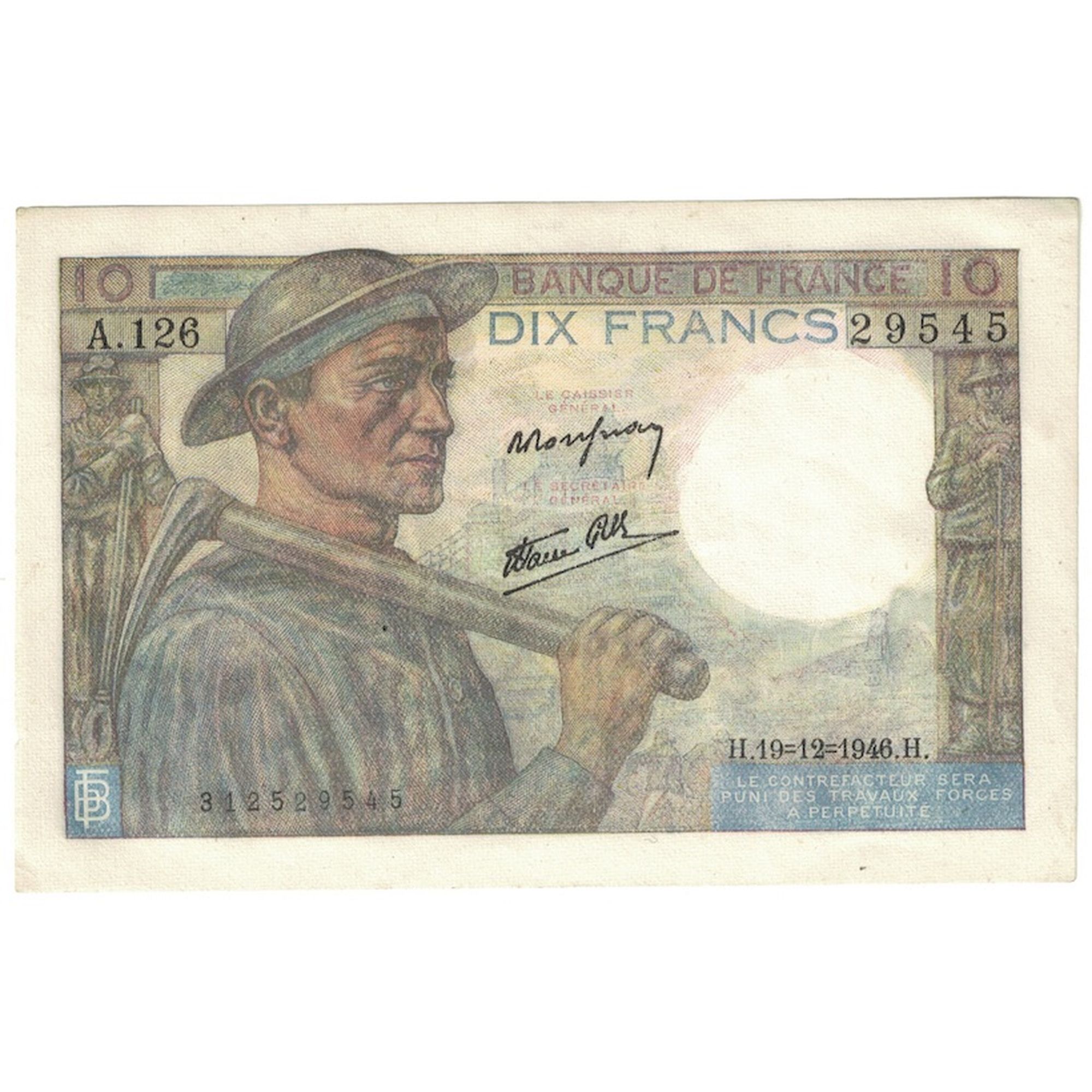 France, 10 Francs, Mineur, 1946, A.126, AU(55-58), Fayette:8.16, KM:99e