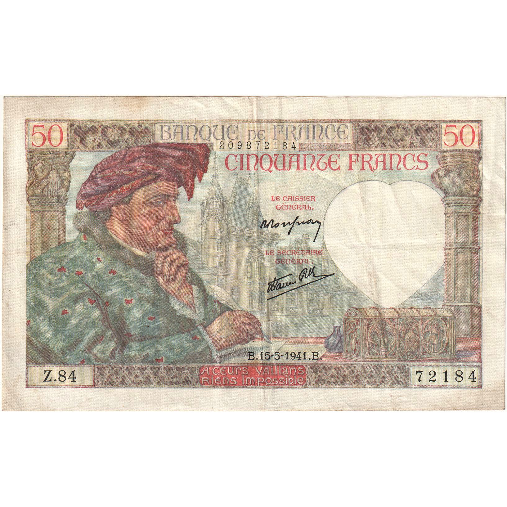 France, 50 Francs, 1941, Z.84 72184, EF(40-45), Fayette:19.1, KM:93