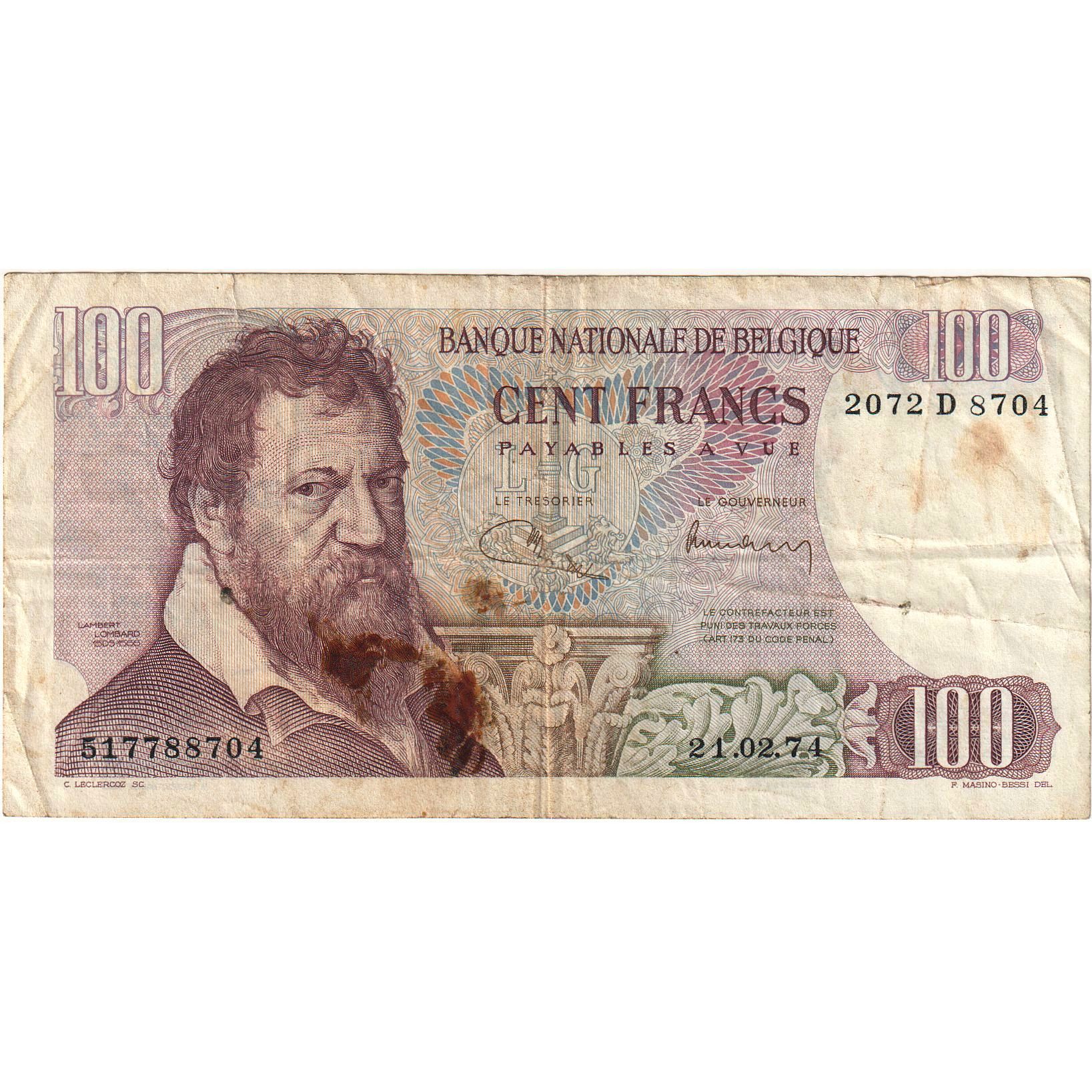 Belgium, 100 Francs, 1974-02-21, KM:134b, EF