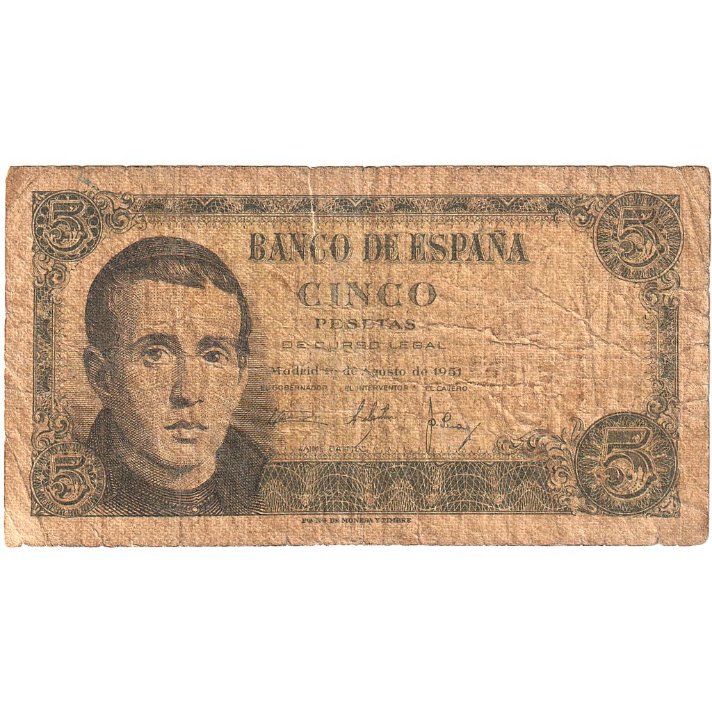 Spain, 5 Pesetas, 1951-08-16, KM:140a, VG(8-10)