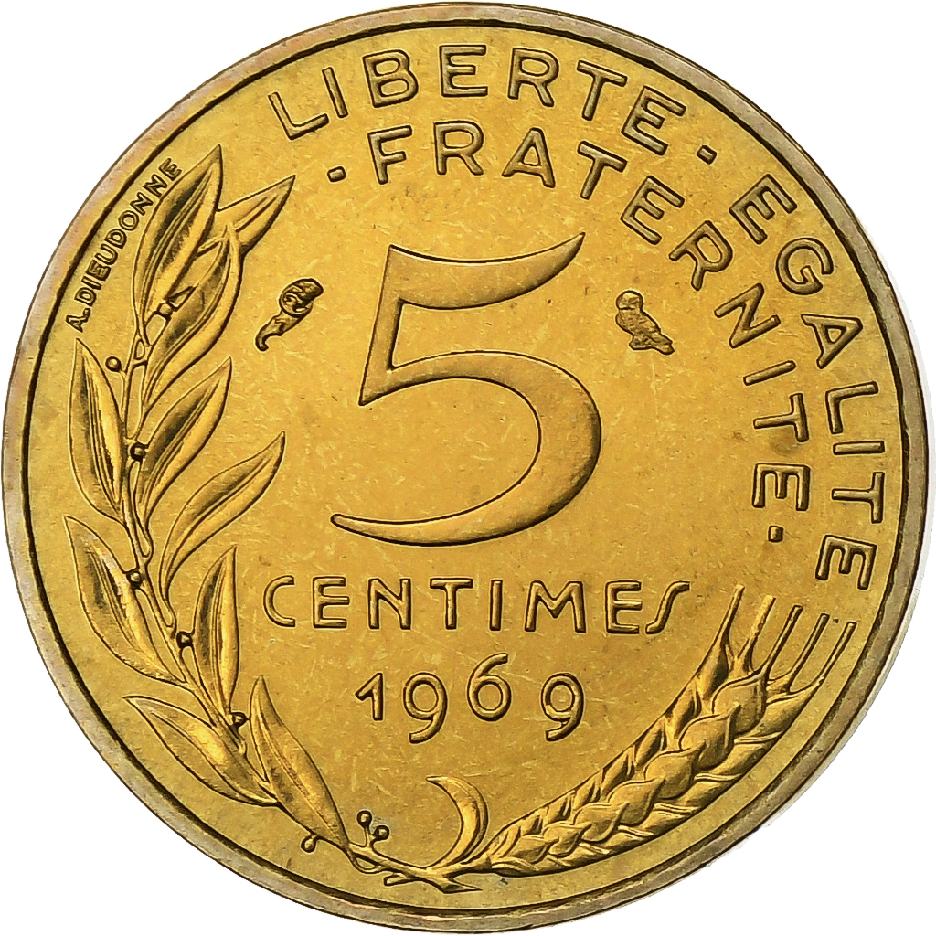 France, 5 Centimes, Marianne, 1969, Paris, Aluminum-Bronze, 