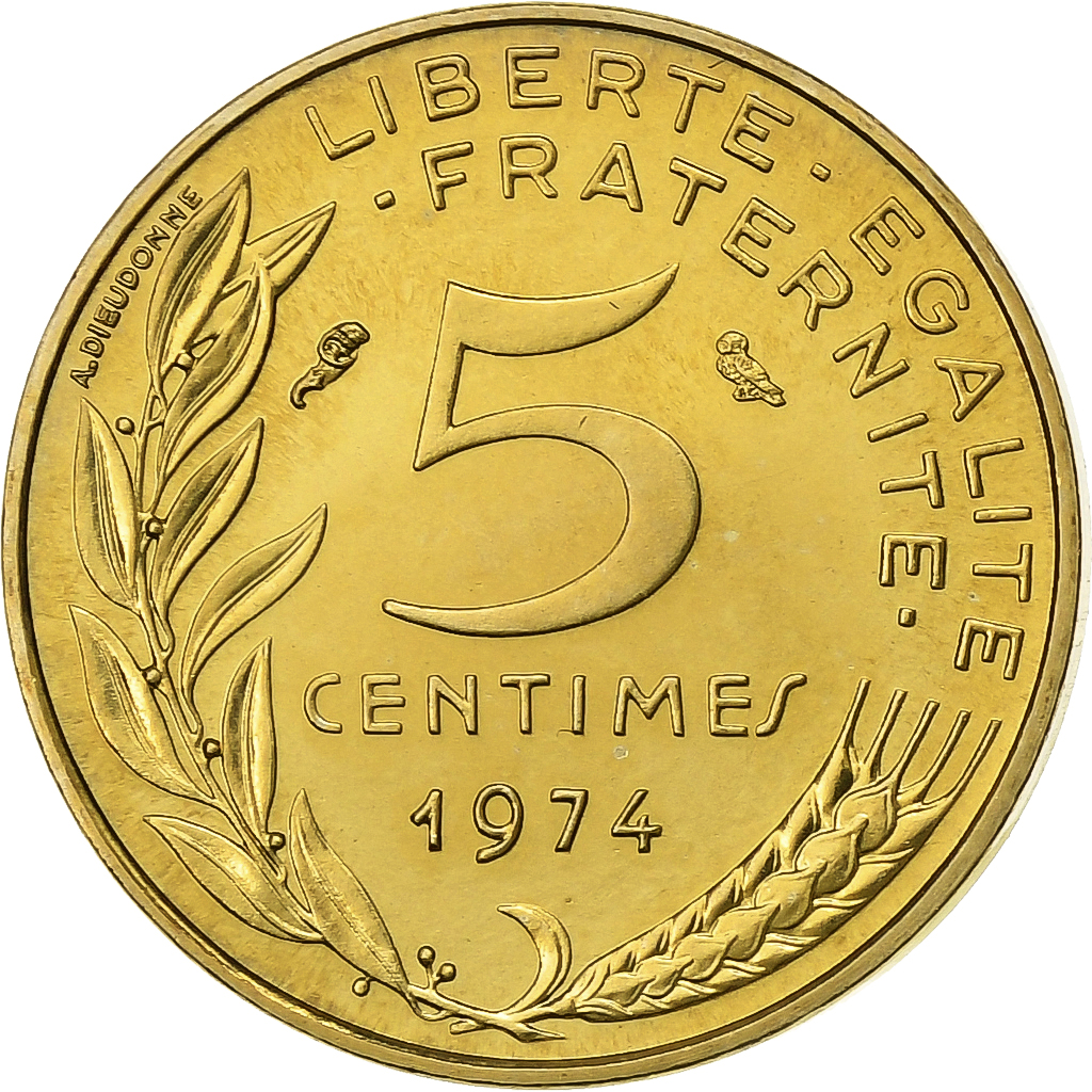 France, 5 Centimes, Marianne, 1974, Paris, FDC, Aluminum-Bronze, 