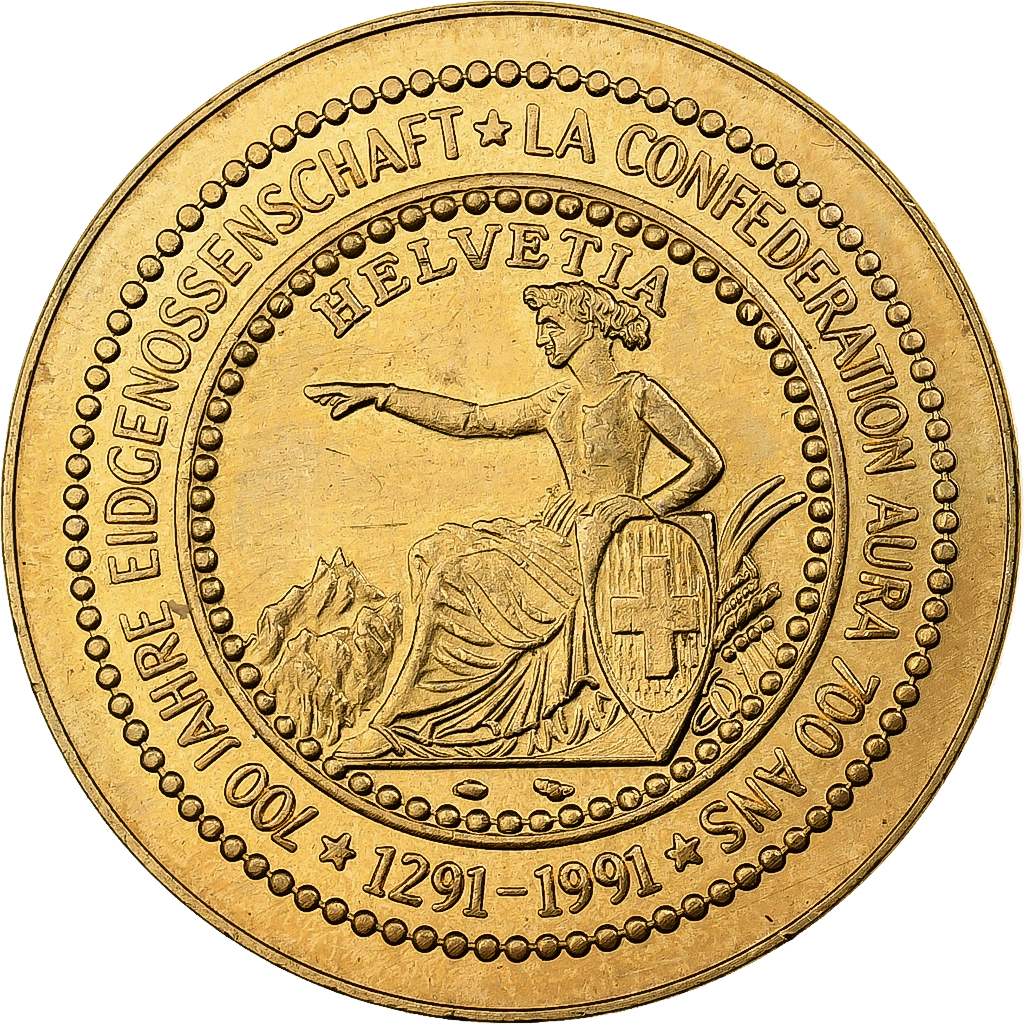 Switzerland, Medal, 700 Ans de la Confédération, 1991, Copper-Nickel Gilt