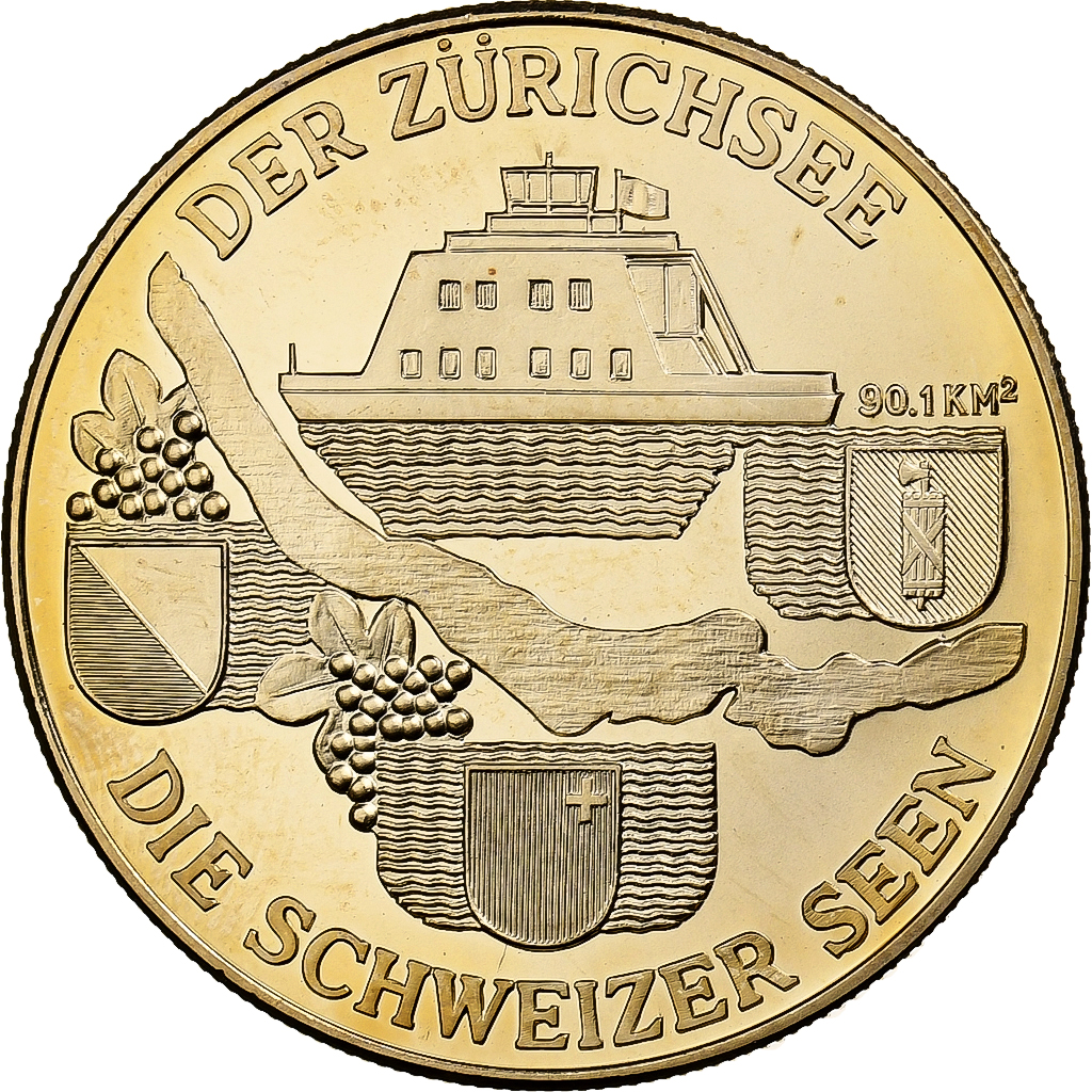 Switzerland, Medal, Der Zürichsee, Die Schweizer Seen, Copper-Nickel Gilt, 
