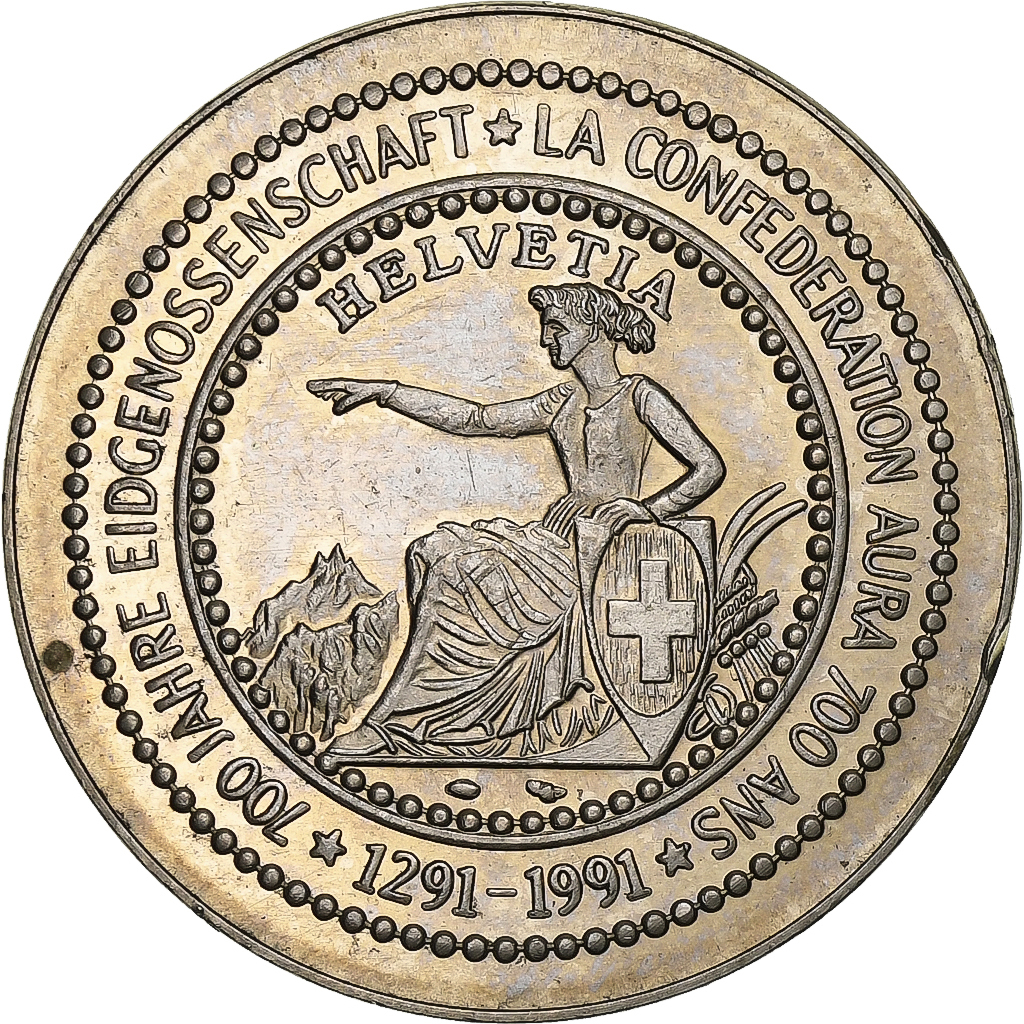 Switzerland, Medal, 700 Ans de la Confédération, 1991, Copper-Nickel Gilt