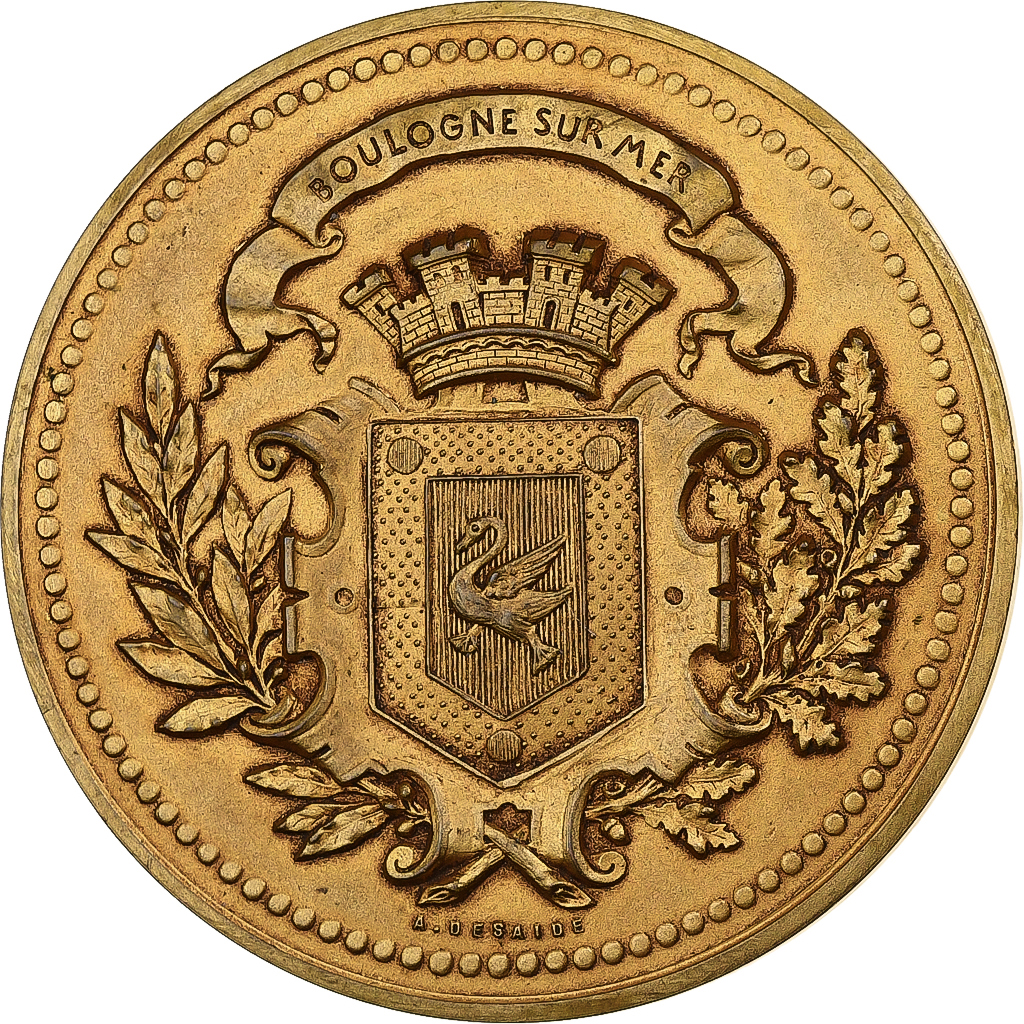 France, Medal, Art Nouveau, Femme nue Assise, Boulogne sur mer, Gilt Bronze