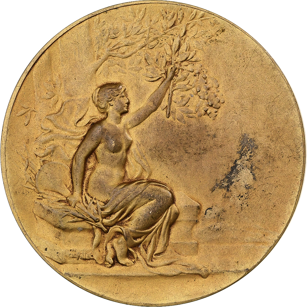France, Medal, Art Nouveau, Femme nue Assise, Boulogne sur mer, Gilt Bronze