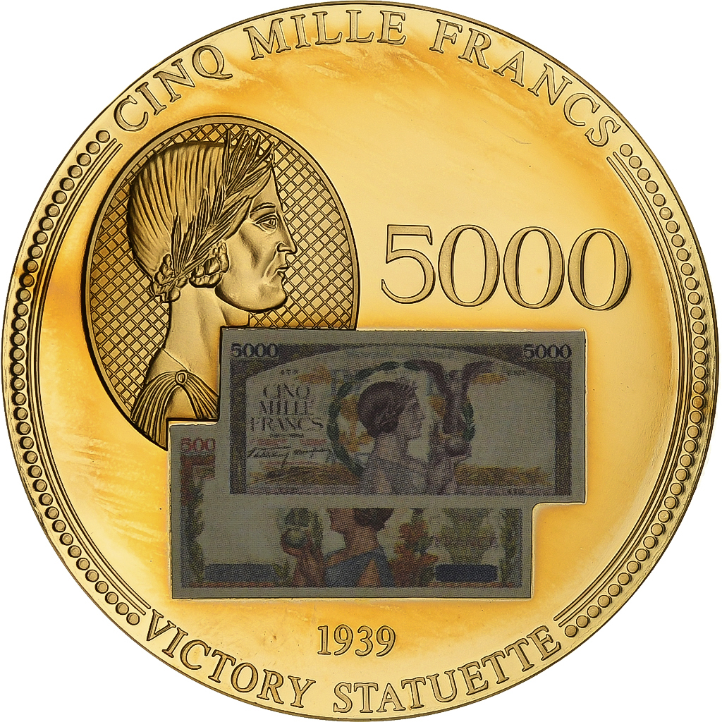 France, Medal, Les Anciens Francs, billet de 5000 Francs Victoire, Copper Gilt