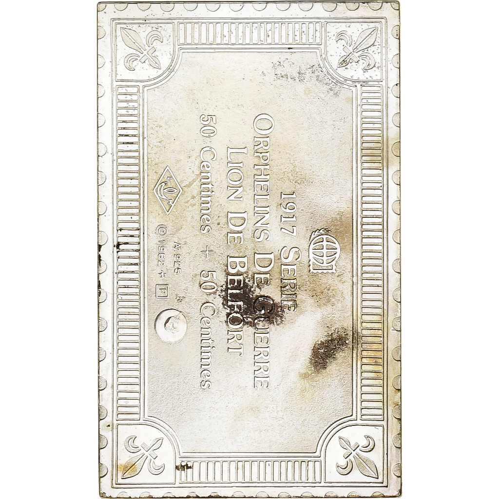 France, Medal, Timbre, Orphelins de Guerre, Lion de Belfort, 1982, Silver