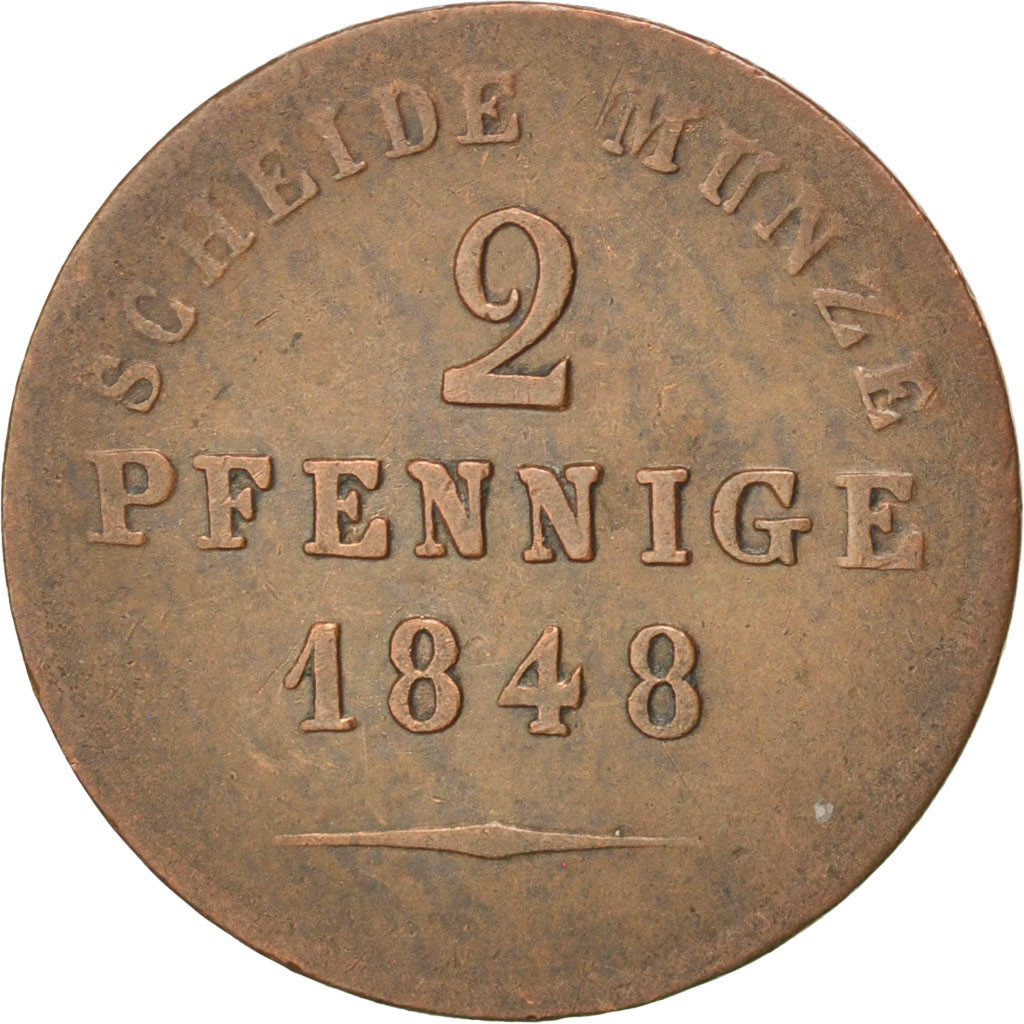 German States, HESSE-DARMSTADT, Ludwig II, 2 Pfenninge, 1848, Billon, 