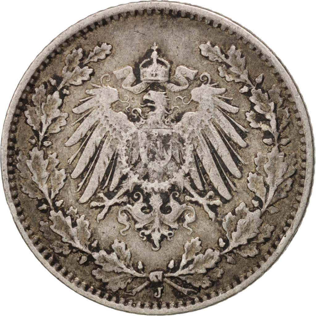 Coin, GERMANY - EMPIRE, 1/2 Mark, 1914, Hambourg, , Silver, KM:17