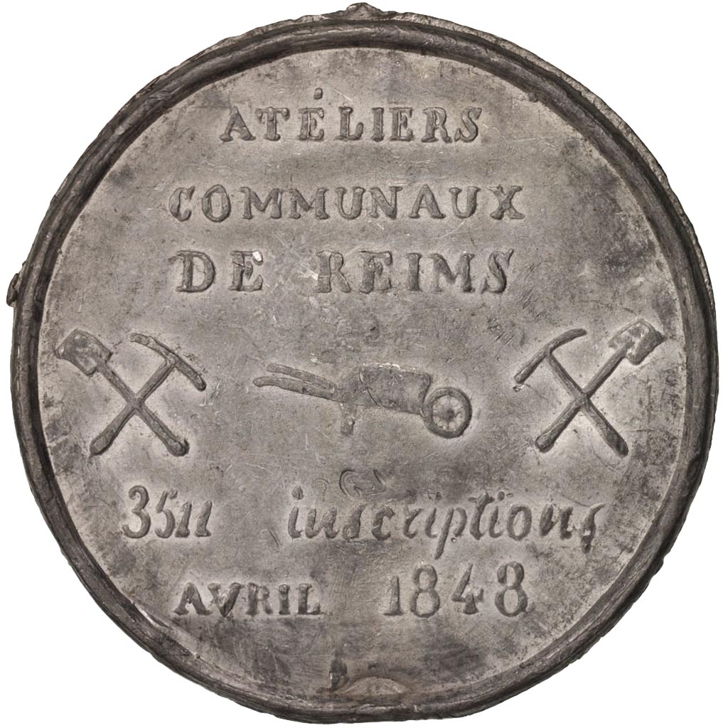 France, Medal, Ville de Reims, Ateliers communaux, History, 1848, , Tin