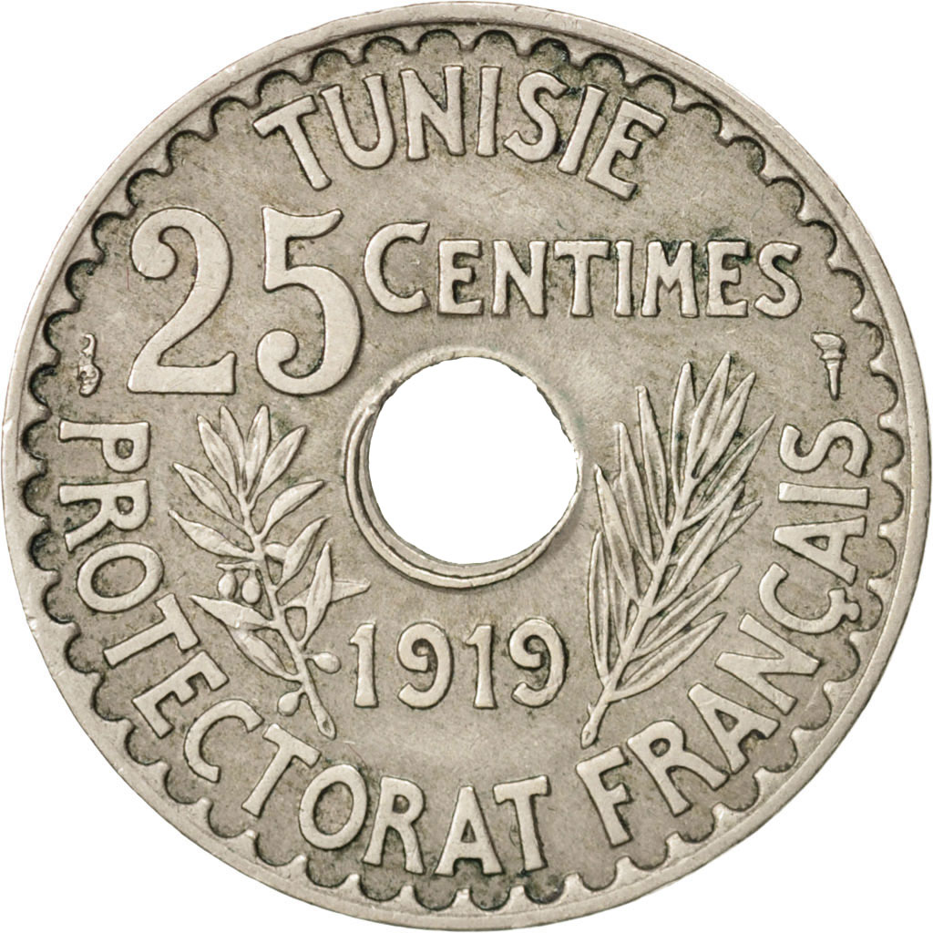 Coin, Tunisia, Muhammad al-Nasir Bey, 25 Centimes, 1919, Paris, 