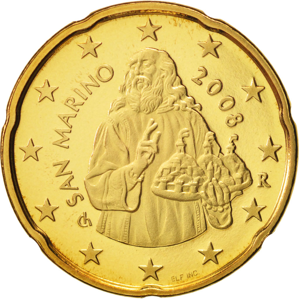 San Marino, 20 Euro Cent, 2008, , Brass, KM:483