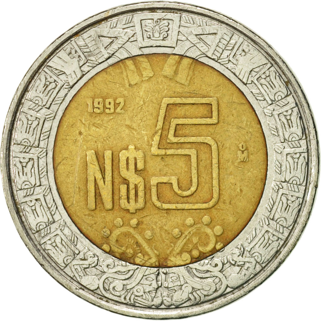 Moneda, México, 5 Nuevo Pesos, 1992, Mexico City, BC+, Bimetálico, KM:552