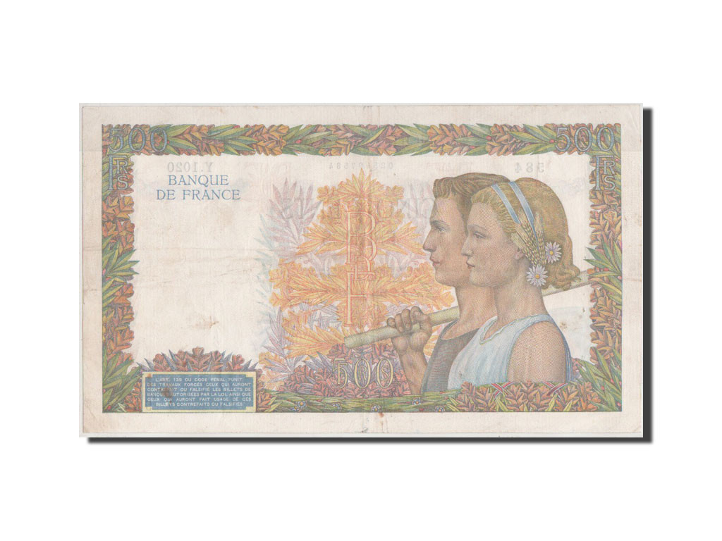 Banknote, France, 500 Francs, 500 F 1940-1944 ''La Paix'', 1940, AU(55-58)