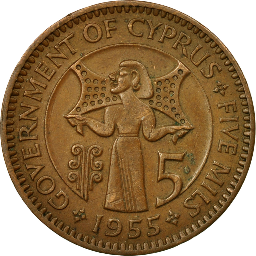 Moneda, Chipre, 5 Mils, 1955, MBC, Bronce, KM:34