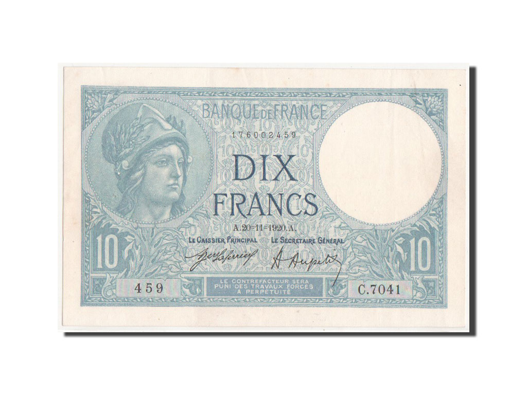 Banknote, France, 10 Francs, 10 F 1916-1942 ''Minerve'', 1920, AU(50-53)