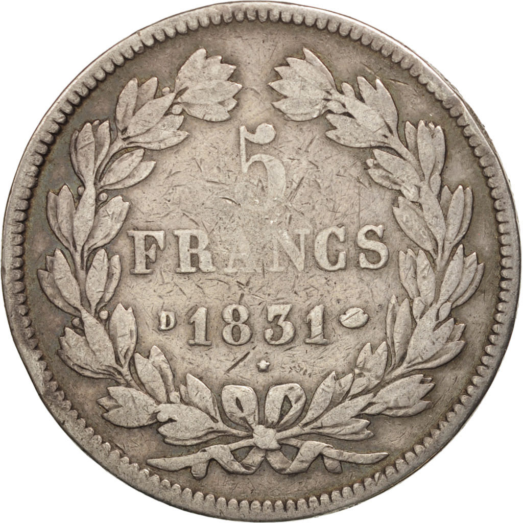 Coin, France, Louis-Philippe, 5 Francs, 1831, Lyon, VF(30-35), Silver, KM:744.2