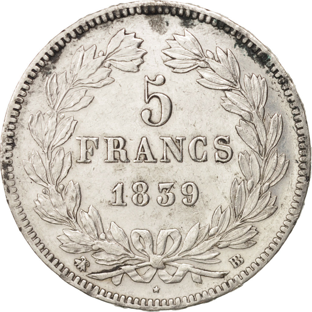 Coin, France, Louis-Philippe, 5 Francs, 1839, Strasbourg, AU, Silver