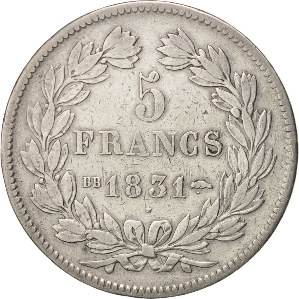 Coin, France, Louis-Philippe, 5 Francs, 1831, Strasbourg, VF, Silver