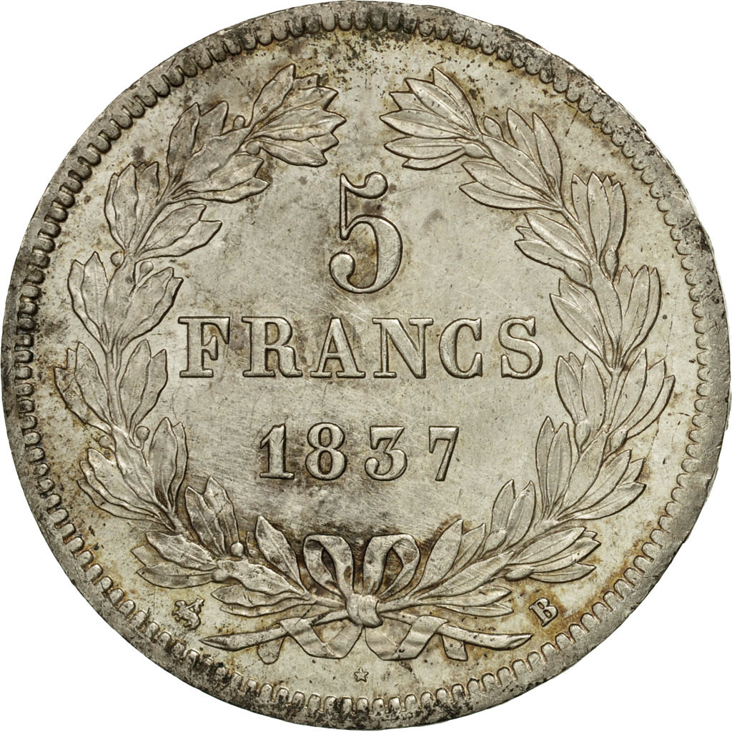 Coin, France, Louis-Philippe, 5 Francs, 1837, Rouen, MS, Silver,KM 749.2